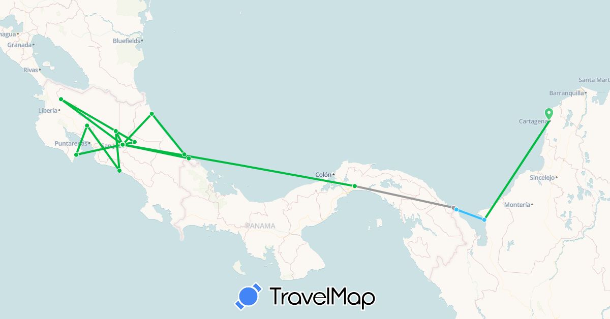 TravelMap itinerary: bus, plane, boat in Colombia, Costa Rica, Panama (North America, South America)
